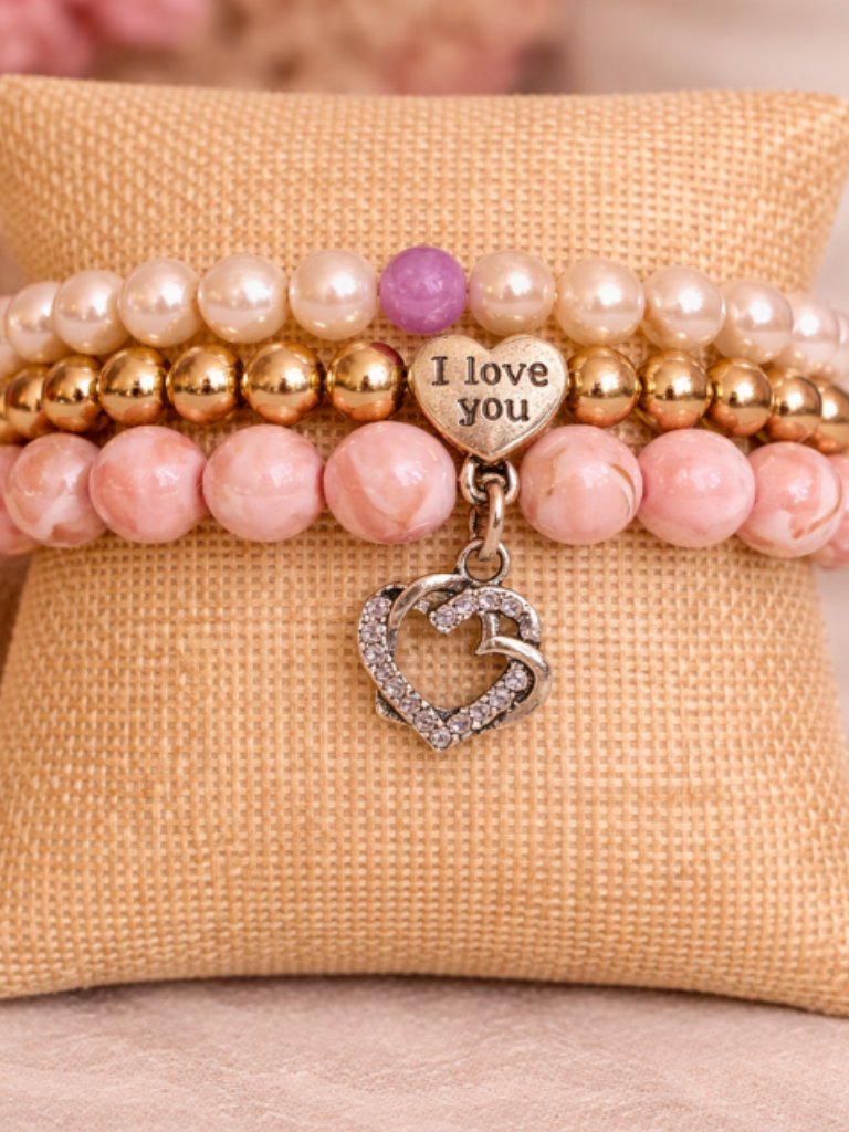 Pink Turquoise Pearl Bracelet Set 3pc Silver Heart Charm Gift Ready Jewelry